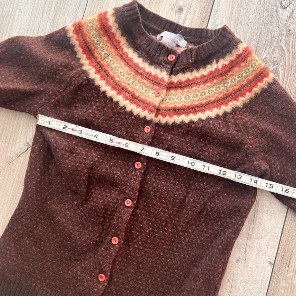 Vintage 100% Lambs Wool Eagles Eye Brown Patterned Cardigan Sweater Small - Picture 8 of 8